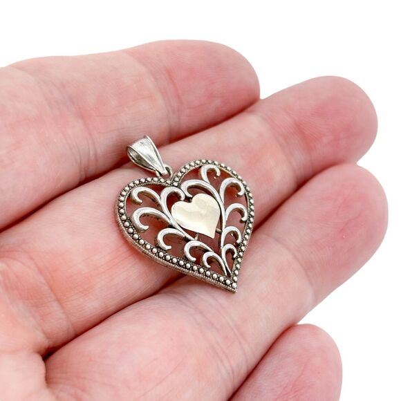 Vintage Sterling Silver 925 & 10K Gold Heart Filigree Scroll Pendant - Picture 1 of 7